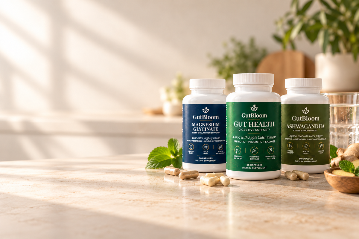 GutBloom Magnesium Glycinate, Gut Health and Ashwagandha bottles on a sunlit kitchen counter