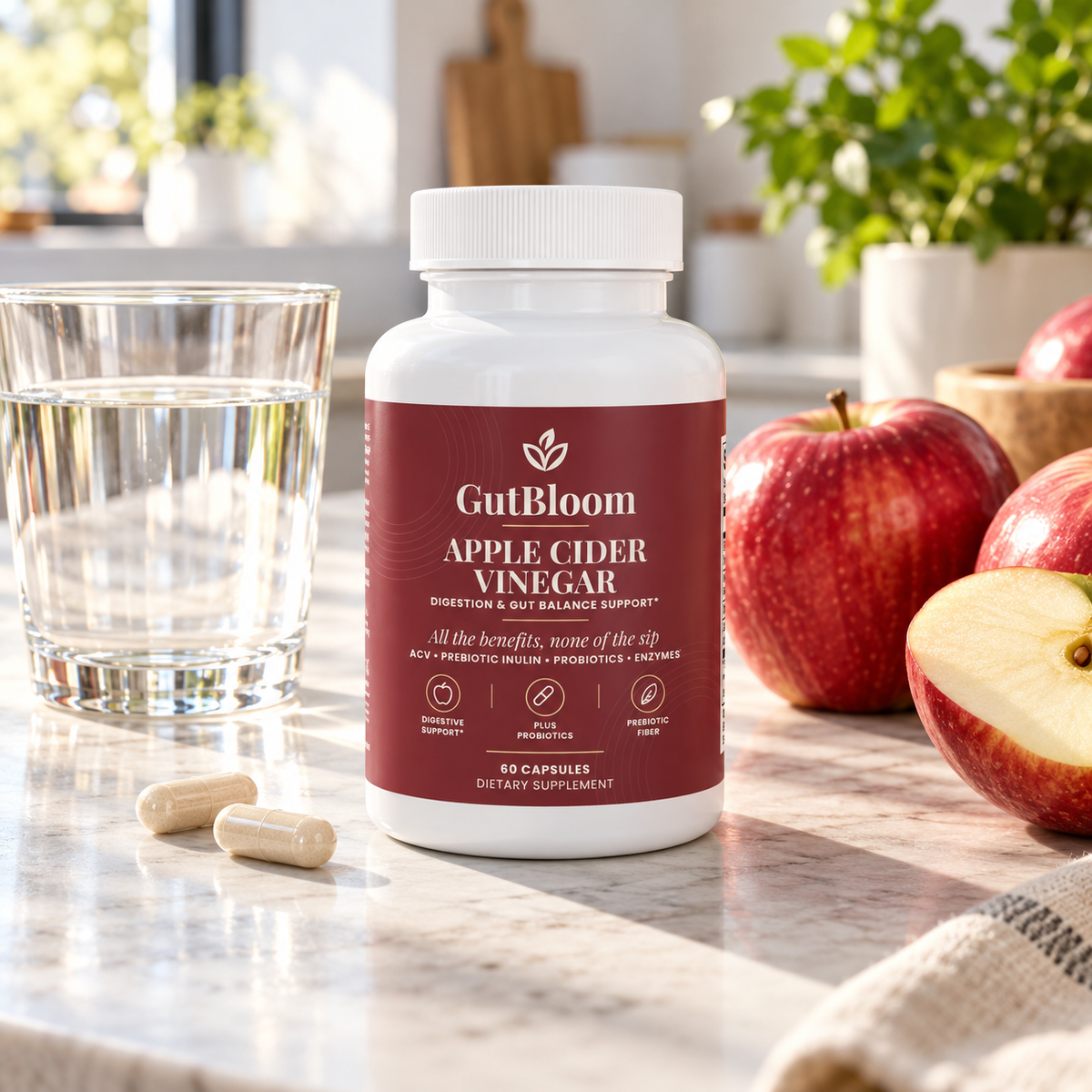 GutBloom Apple Cider Vinegar bottle on a kitchen counter with red apples and a glass of water