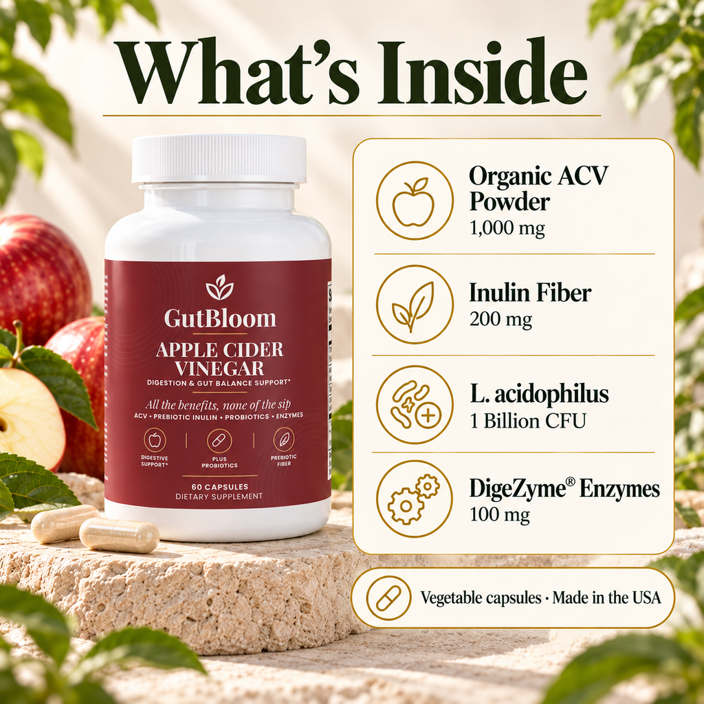 What's inside: organic ACV powder, inulin fiber, L. acidophilus and DigeZyme enzymes