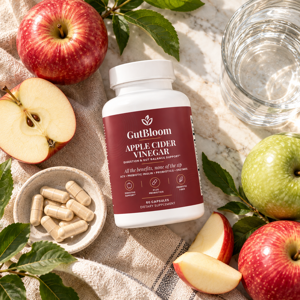 GutBloom Apple Cider Vinegar flat lay with fresh apples and capsules