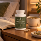 GutBloom Ashwagandha bottle on a bedside table with chamomile tea and a book
