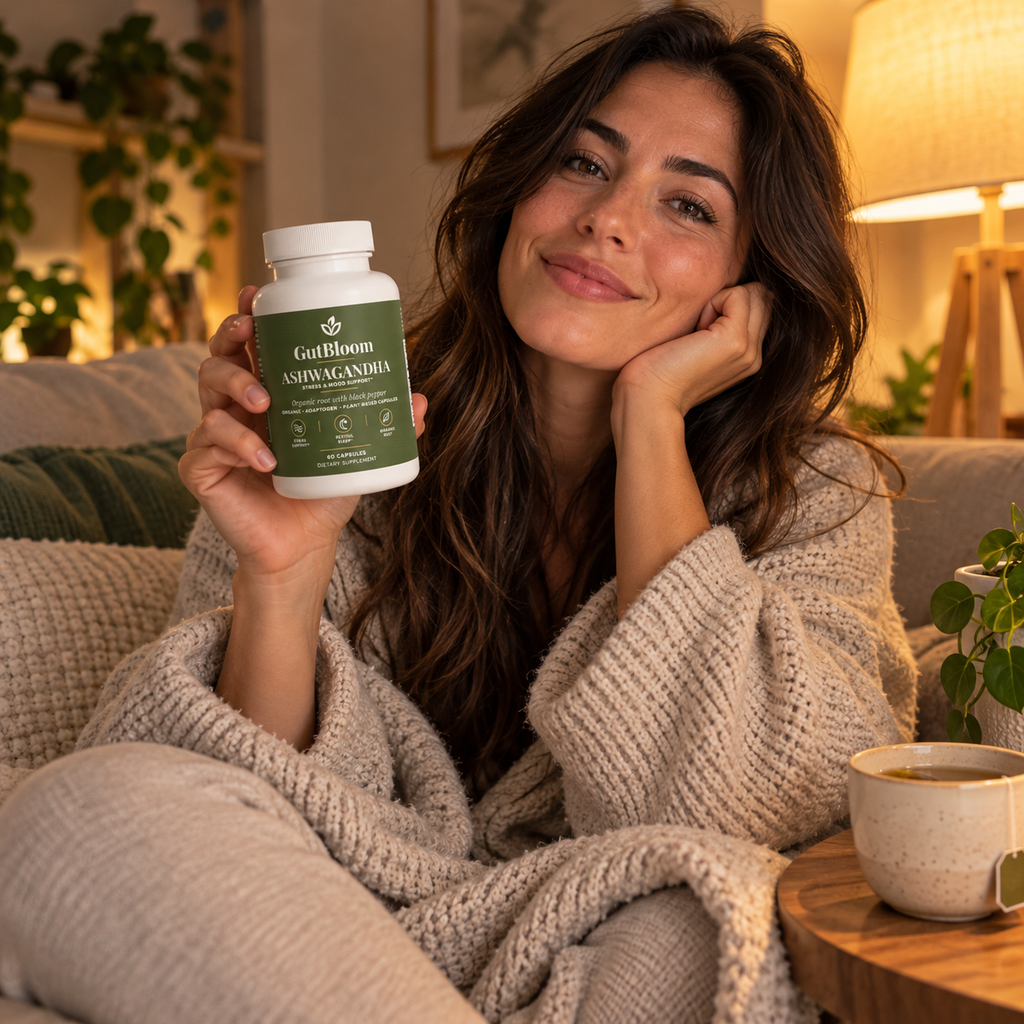 Woman relaxing on a sofa holding a bottle of GutBloom Ashwagandha