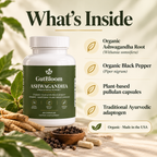What's inside: organic ashwagandha root, organic black pepper, plant-based capsules