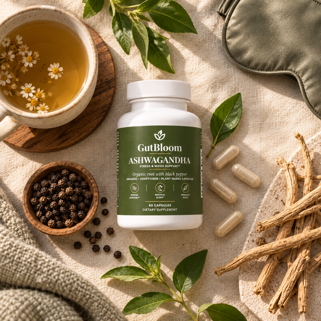 GutBloom Ashwagandha flat lay with ashwagandha roots, peppercorns and herbal tea