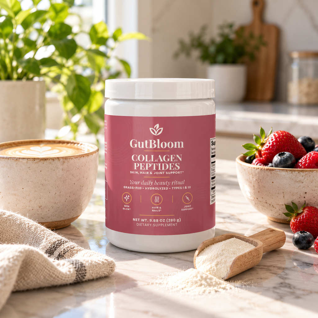 GutBloom Collagen Peptides tub on a kitchen counter with a latte and fresh berries