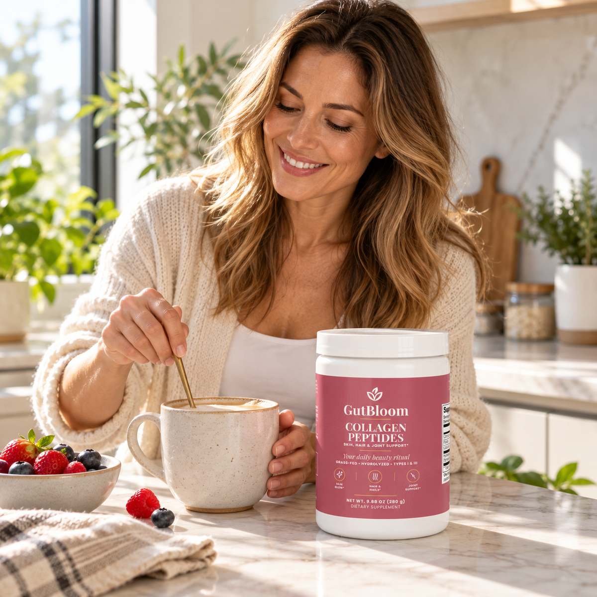 Woman stirring GutBloom Collagen Peptides into her morning latte