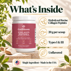 What's inside: hydrolyzed bovine collagen peptides, 20 g per scoop, unflavored
