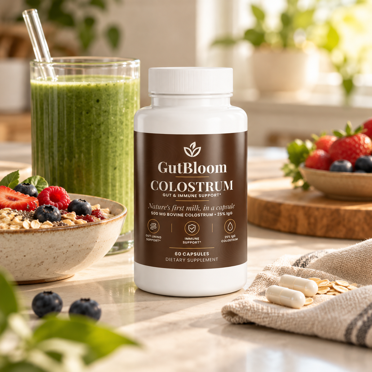 GutBloom Colostrum bottle on a kitchen counter with a morning smoothie