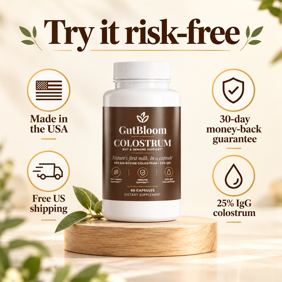 GutBloom Colostrum risk-free 30-day money-back guarantee