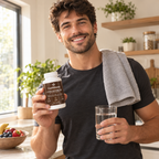 Man holding a bottle of GutBloom Colostrum after a workout