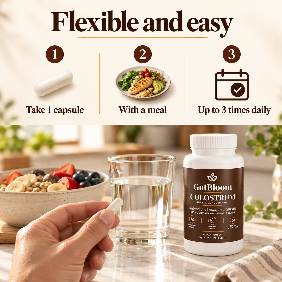 Flexible daily routine: 1 capsule, 1 to 3 times daily with meals