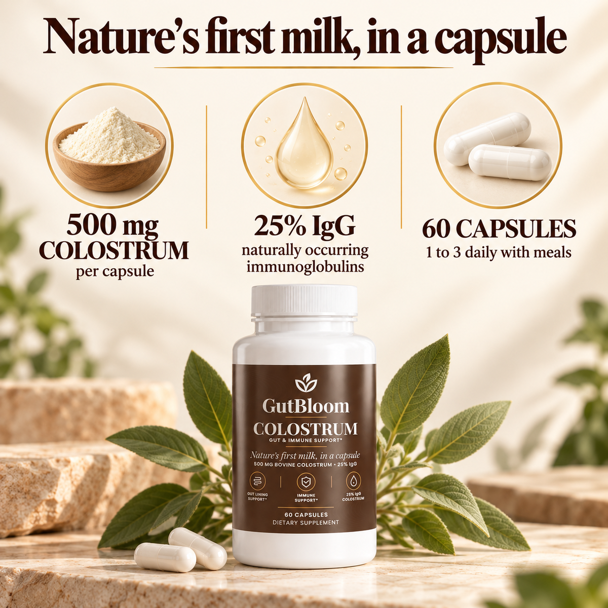 GutBloom Colostrum key facts: nature's first milk, standardized to 25% IgG