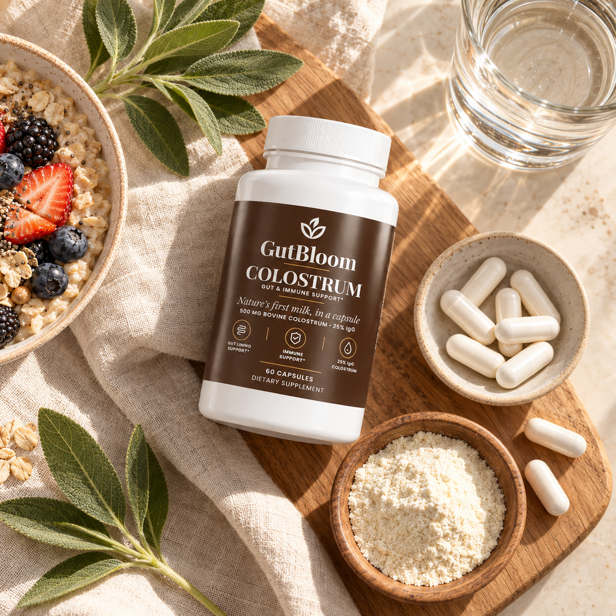 GutBloom Colostrum flat lay with capsules and fresh ingredients