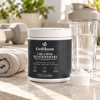 GutBloom Creatine Monohydrate tub on a counter with a shaker bottle and gym towel