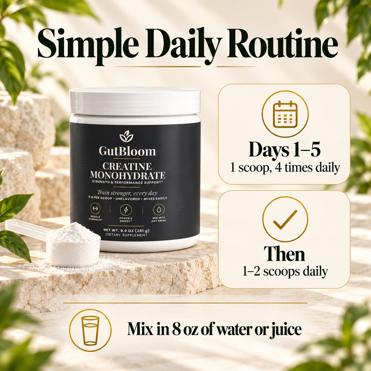 Simple routine: 1 scoop 4 times daily for days 1 to 5, then 1 to 2 scoops daily