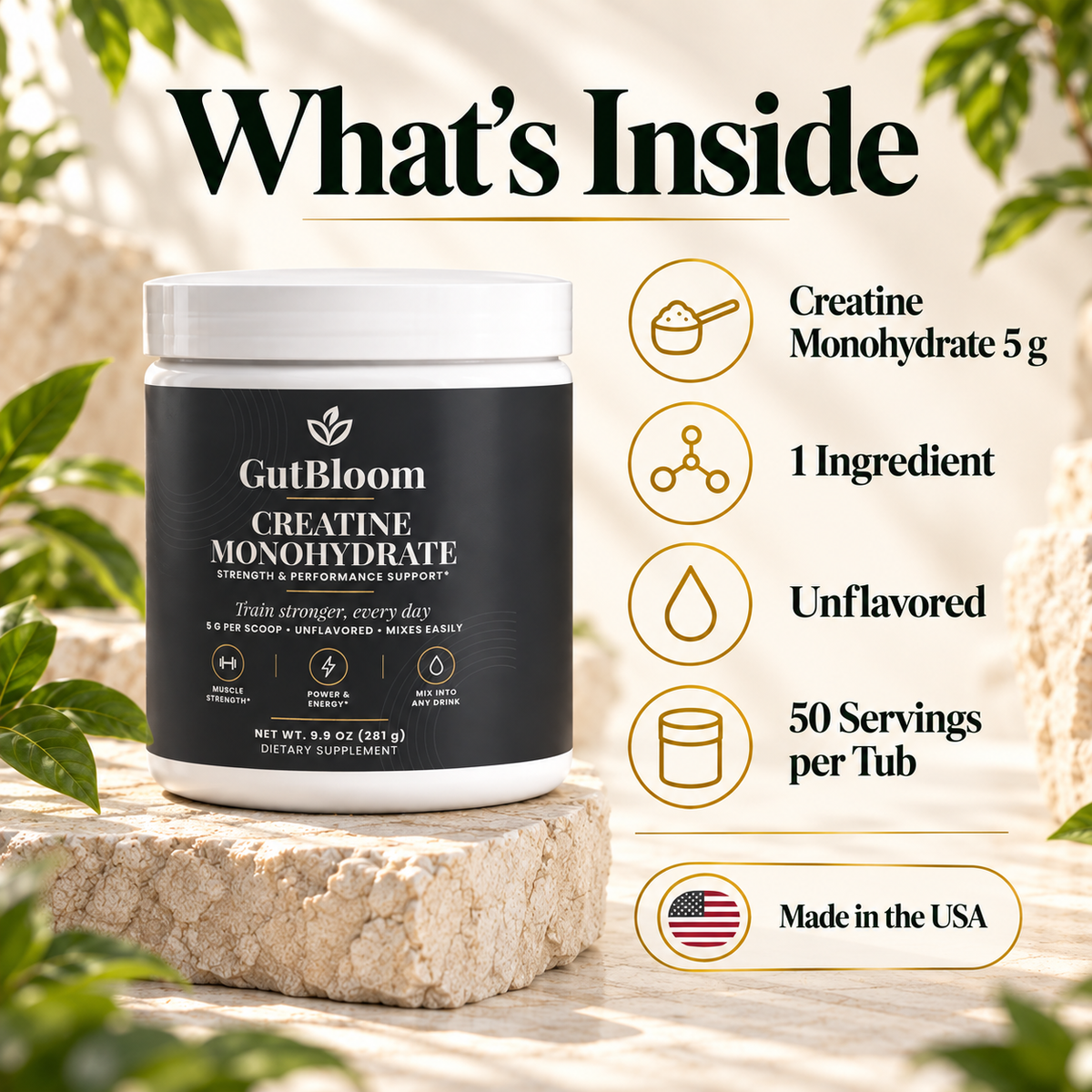 What's inside: creatine monohydrate 5 g, 1 ingredient, unflavored, 50 servings