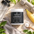GutBloom Creatine Monohydrate flat lay with shaker, dumbbell and banana
