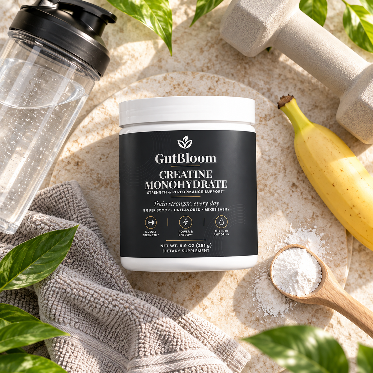 GutBloom Creatine Monohydrate flat lay with shaker, dumbbell and banana