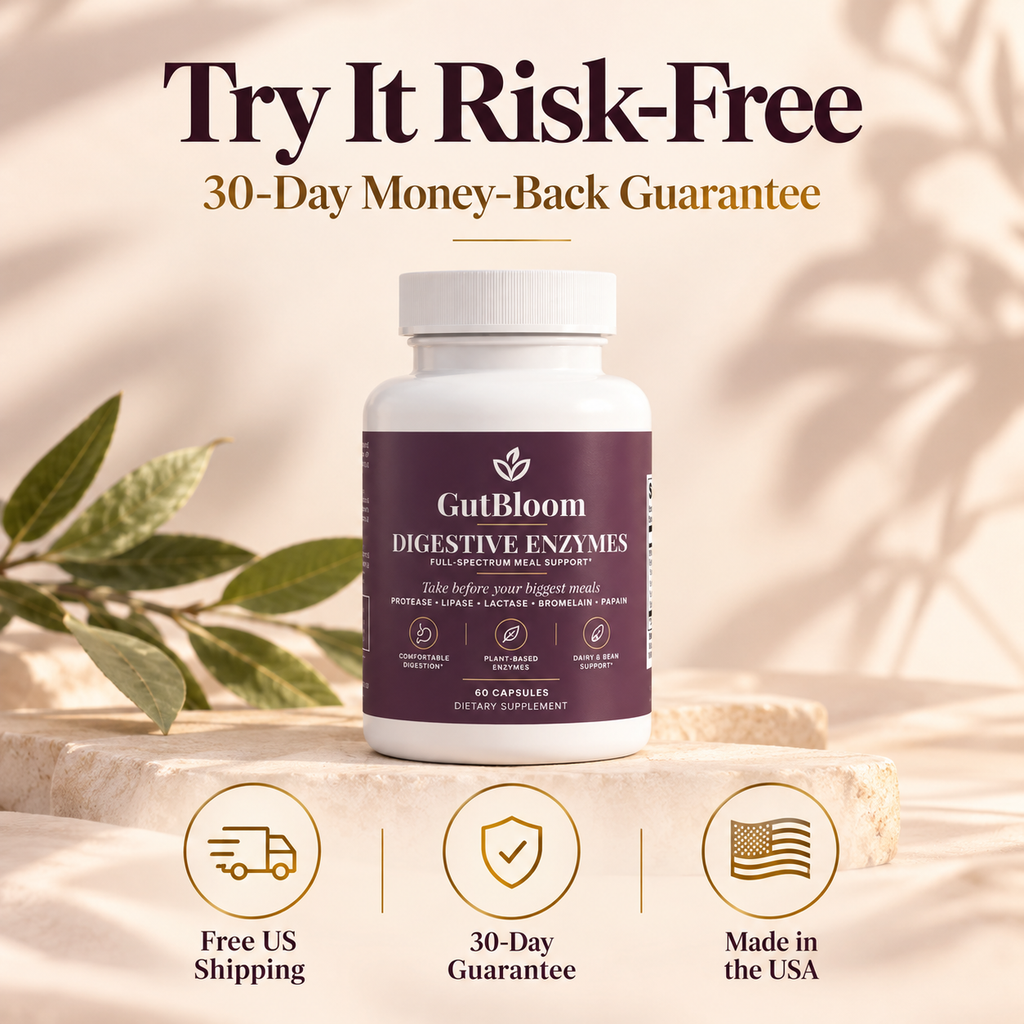 Try GutBloom Digestive Enzymes risk-free with a 30-day money-back guarantee