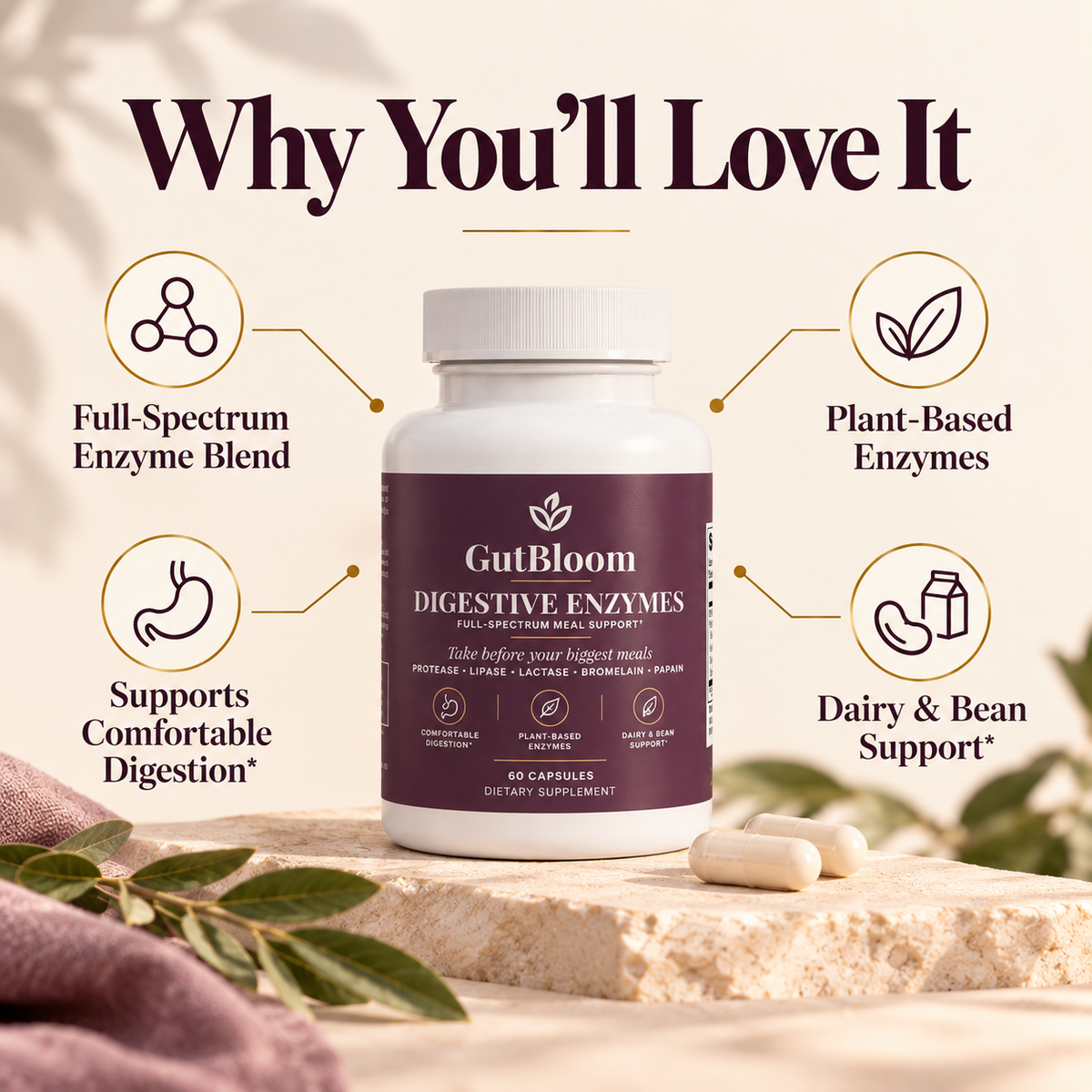 Why you'll love it: full-spectrum, plant-based enzyme blend for comfortable digestion