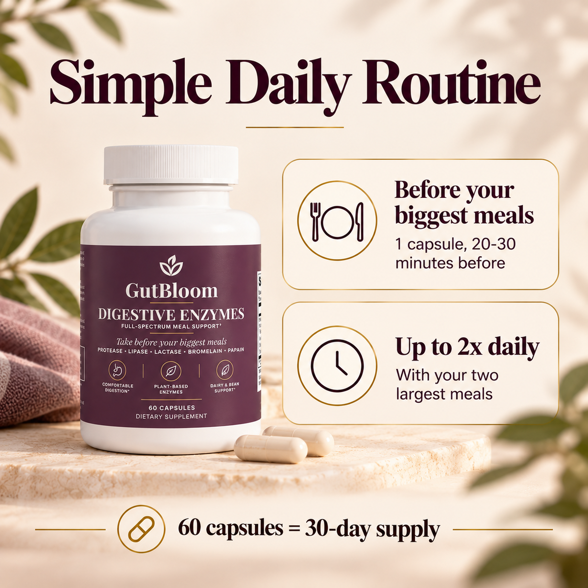 Simple routine: 1 capsule 20-30 minutes before your two biggest meals