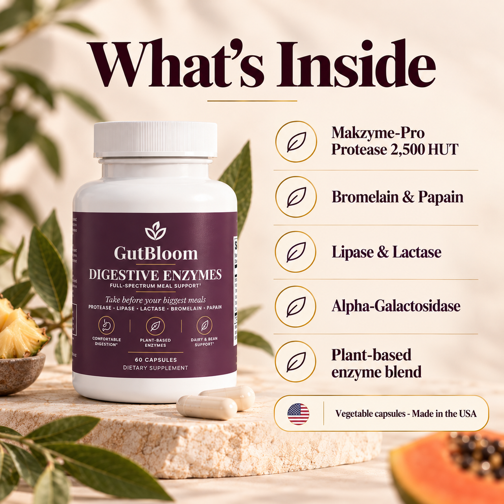 What's inside: Makzyme-Pro protease, bromelain, papain, lipase, lactase and alpha-galactosidase