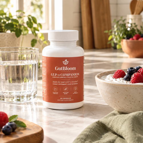 GLP-1 Companion bottle on a kitchen counter with water and yogurt