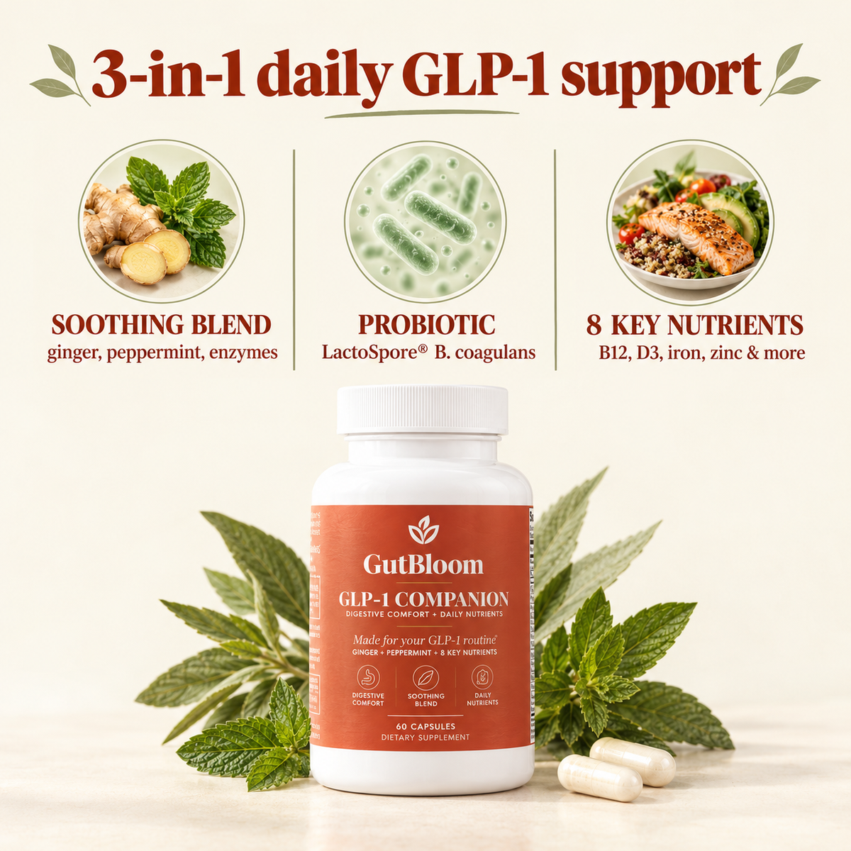 3-in-1 daily GLP-1 support: soothing blend, probiotic and 8 key nutrients