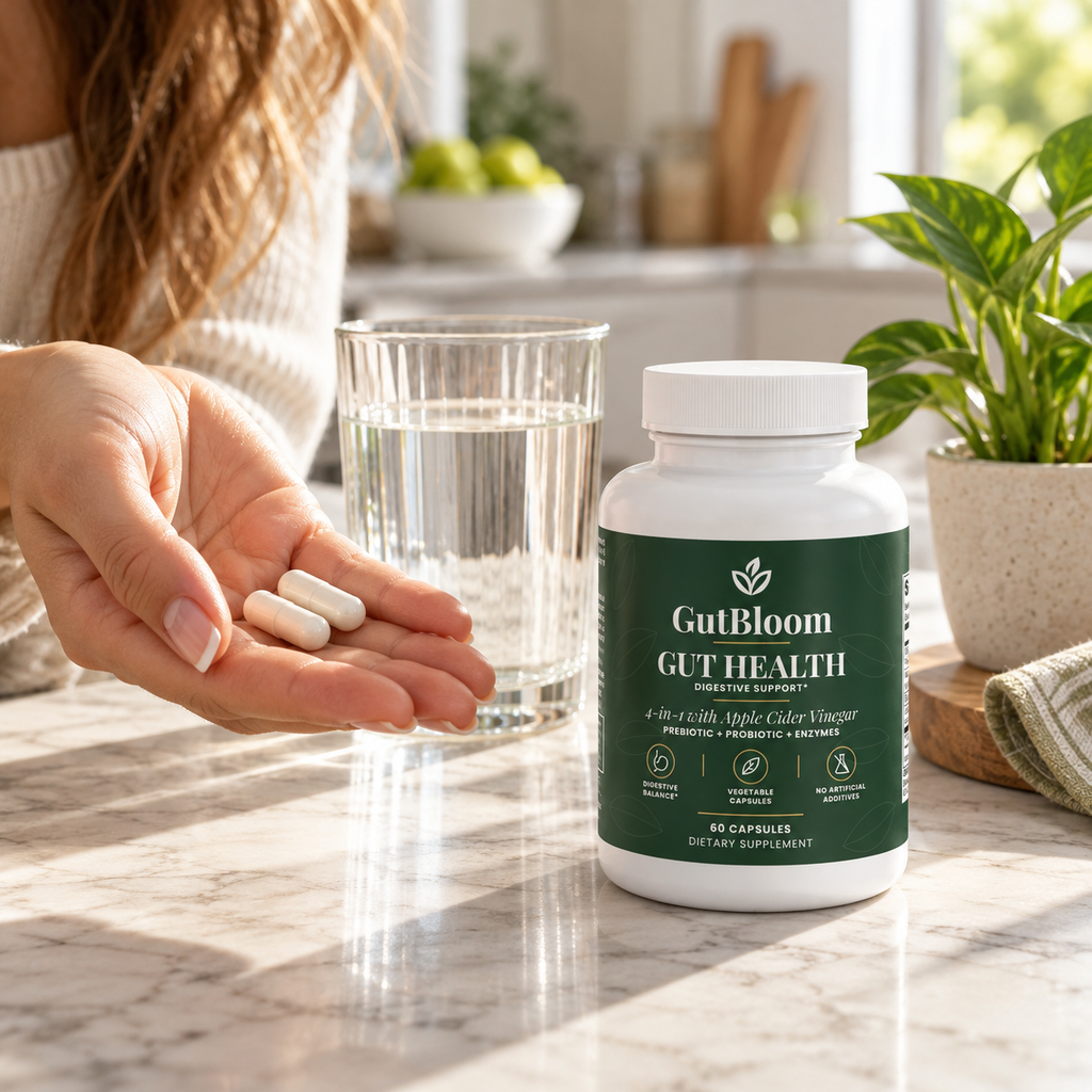 Hand holding two capsules next to GutBloom Gut Health and a glass of water