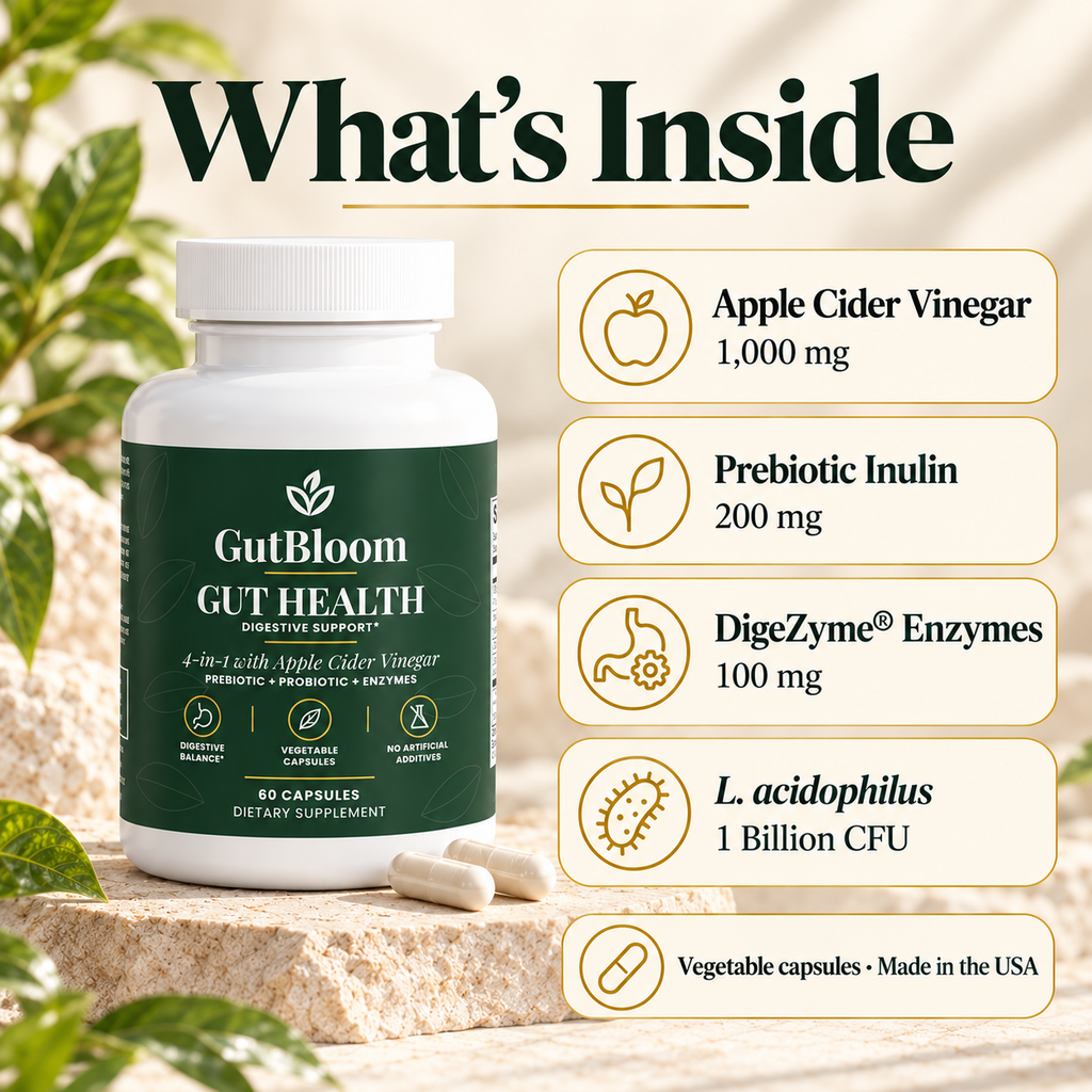 What's inside: apple cider vinegar, prebiotic inulin, DigeZyme enzymes and L. acidophilus