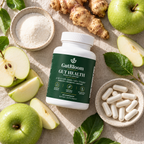 GutBloom Gut Health flat lay with green apples, inulin powder and Jerusalem artichoke
