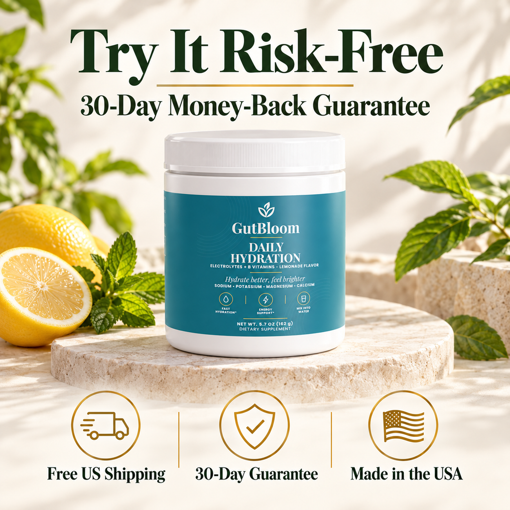 Try GutBloom Daily Hydration risk-free with a 30-day money-back guarantee