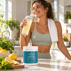 Woman drinking GutBloom Daily Hydration lemonade after a run