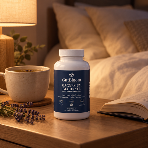 Magnesium Glycinate bottle on a nightstand with tea, a book and lavender