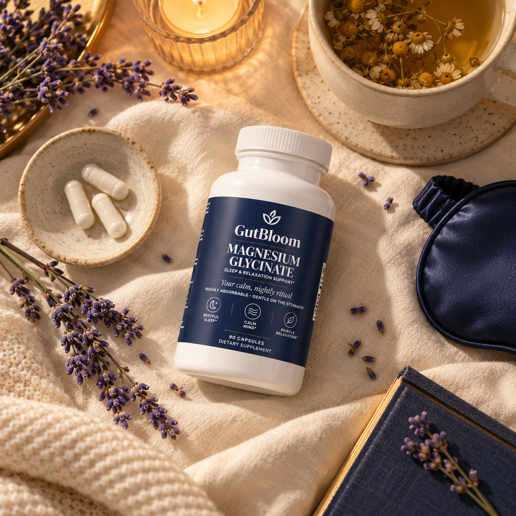 Magnesium Glycinate flat lay with lavender, chamomile tea and sleep mask