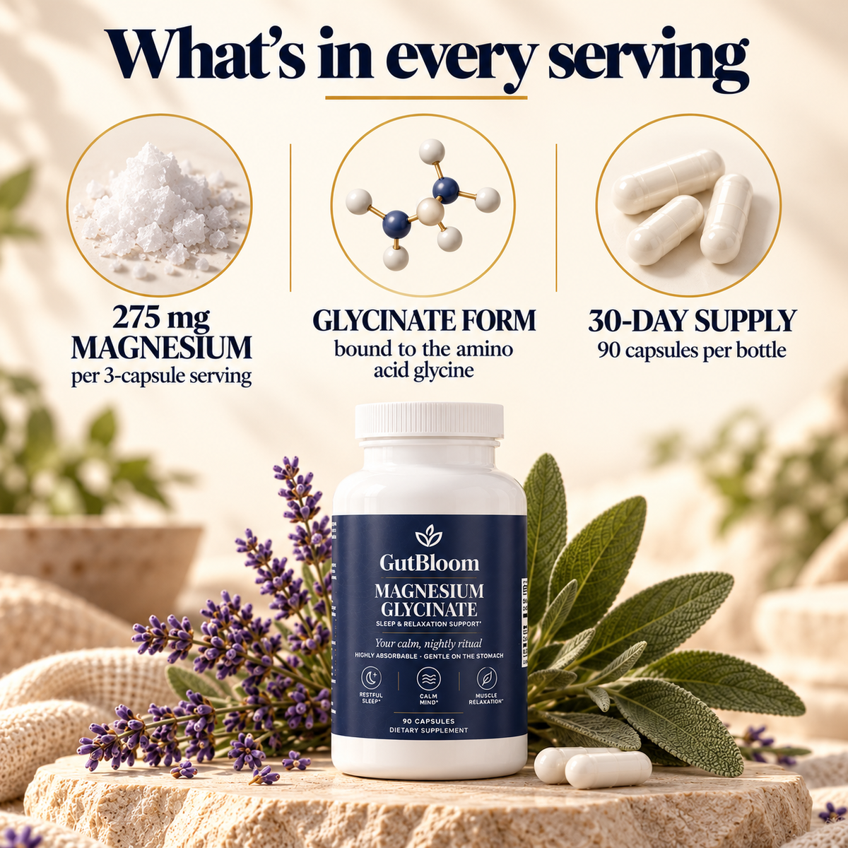 What's in every serving: 275 mg magnesium glycinate, 90 capsules