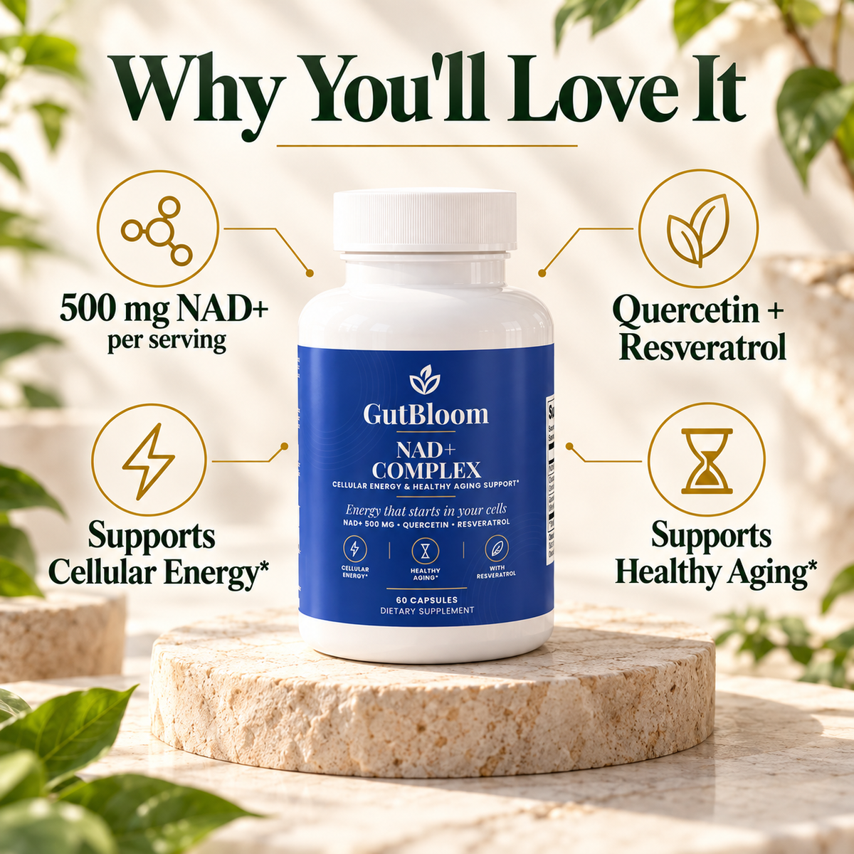 Why you'll love it: 500 mg NAD+ with quercetin and resveratrol