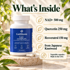 What's inside: NAD+ 500 mg, quercetin 250 mg, resveratrol 150 mg