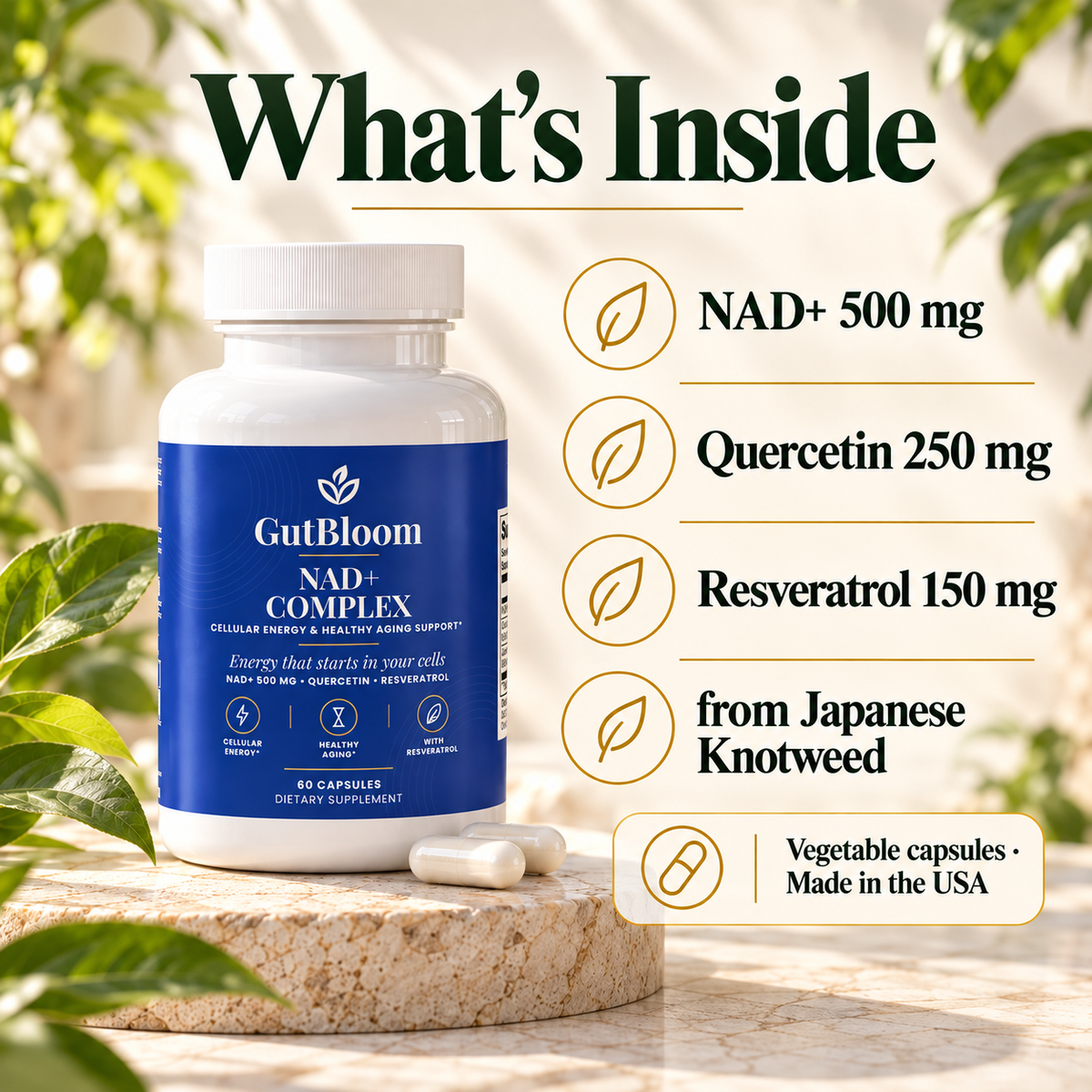 What's inside: NAD+ 500 mg, quercetin 250 mg, resveratrol 150 mg
