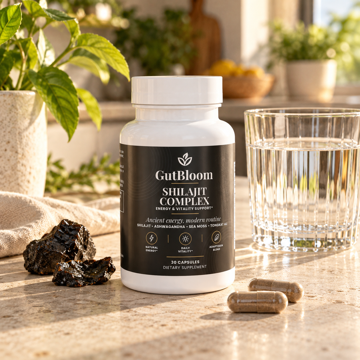 GutBloom Shilajit Complex bottle on a stone kitchen counter with shilajit resin and a glass of water