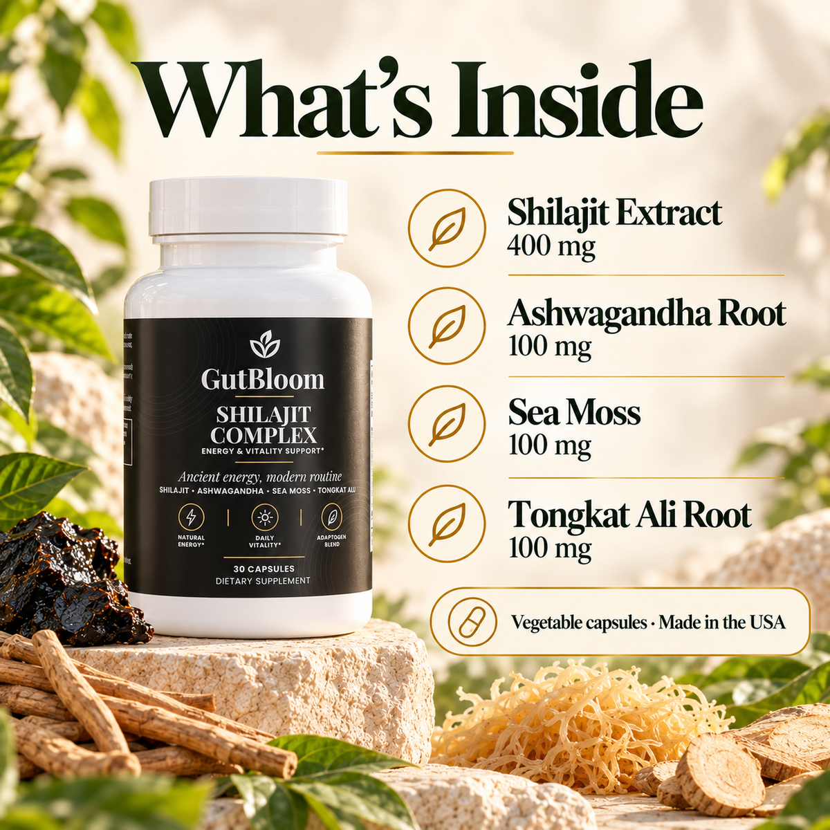 What's inside: shilajit extract 400 mg, ashwagandha, sea moss and tongkat ali