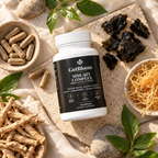 GutBloom Shilajit Complex flat lay with shilajit resin, ashwagandha roots and sea moss