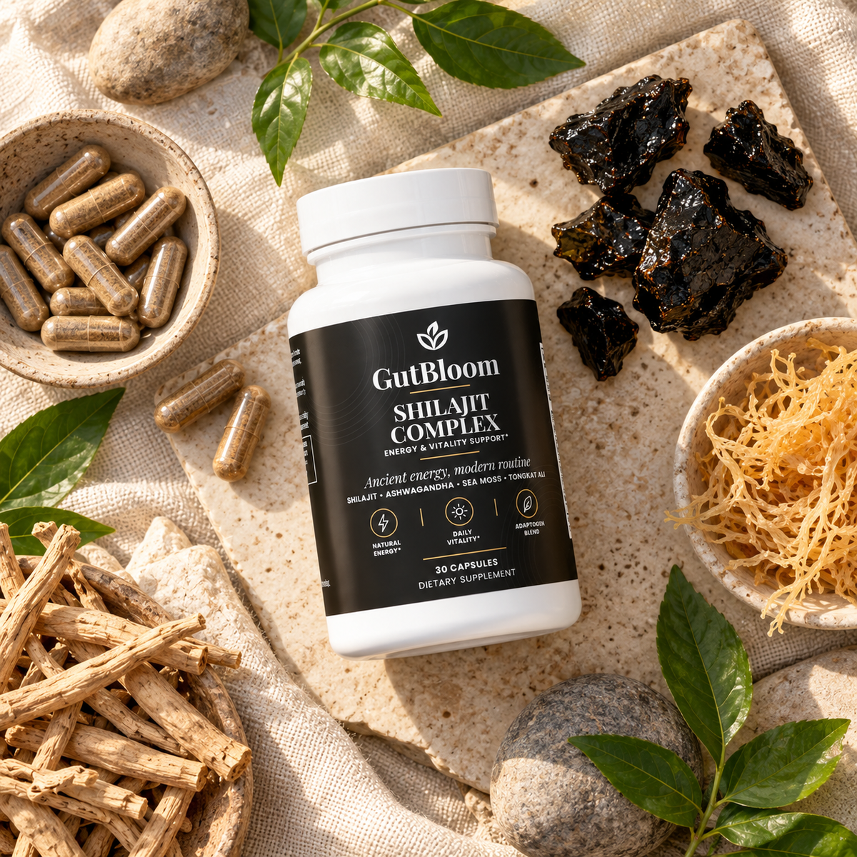 GutBloom Shilajit Complex flat lay with shilajit resin, ashwagandha roots and sea moss