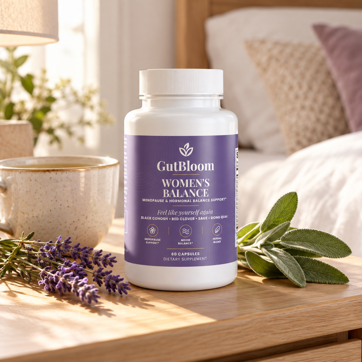 GutBloom Women's Balance bottle on a bedside table with herbal tea, sage and lavender