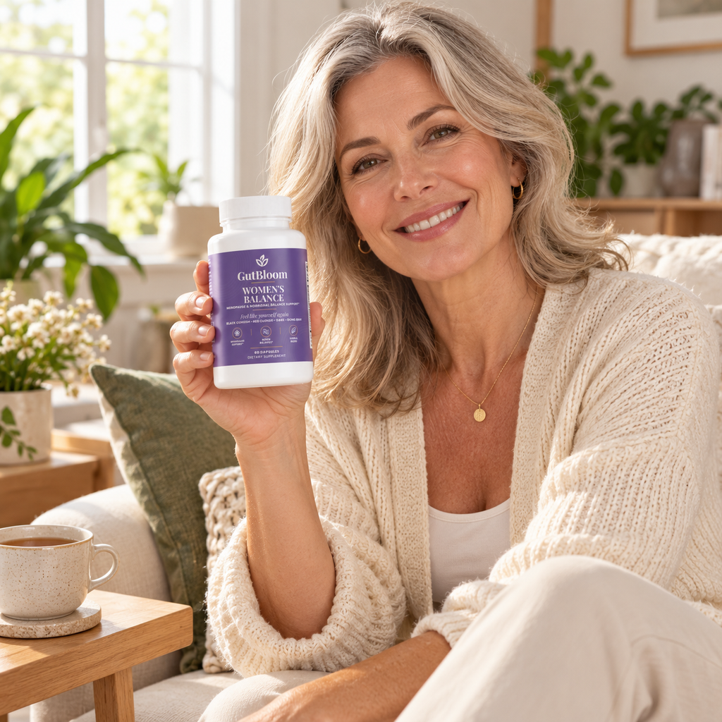Woman in her 50s smiling and holding a bottle of GutBloom Women's Balance